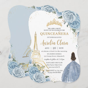 Quinceañera Baby Blue Floral Paris Gold Crown  Invitation