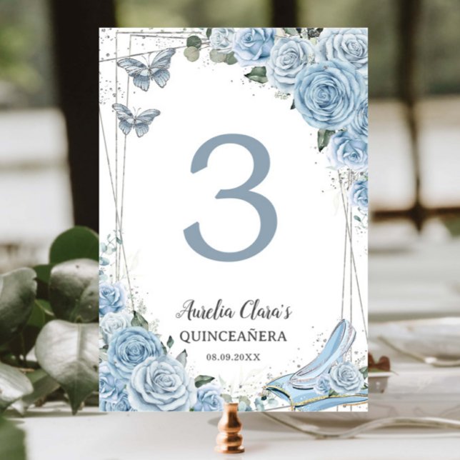 Quinceañera Baby Blue Floral Princess Cinderella Table Number (Creator Uploaded)