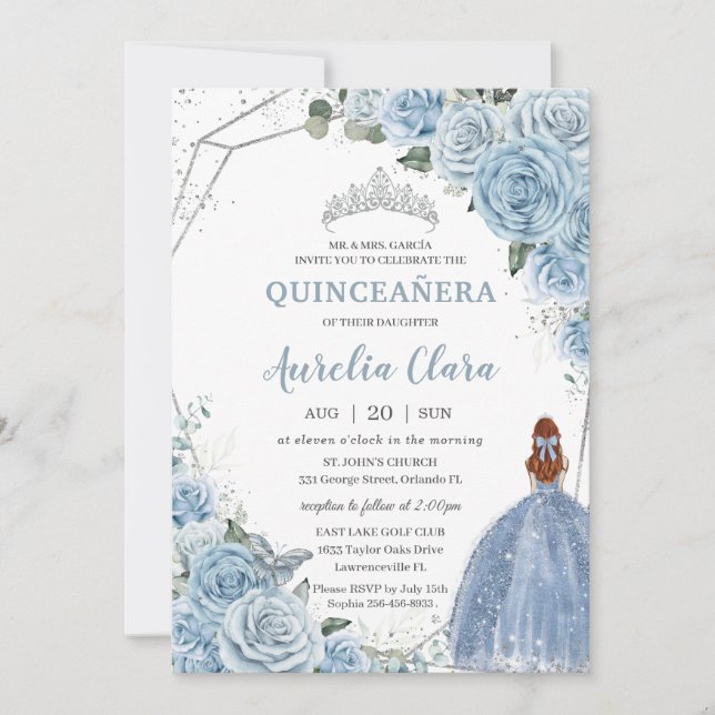 Quinceañera Baby Blue Floral Red Hair Princess 15 Invitation (Front)