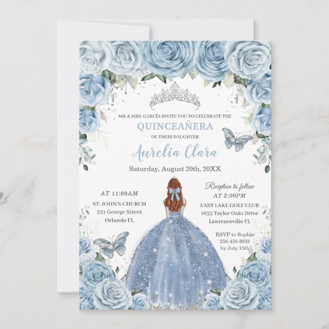 Quinceañera Baby Blue Floral Silver Red Hair Girl Invitation (Front)