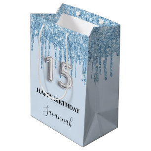 Quinceanera baby blue glitter drips name medium gift bag