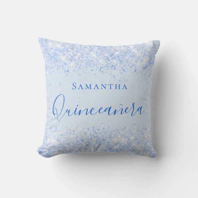 Quinceanera baby blue glitter dust name cushion (Front)
