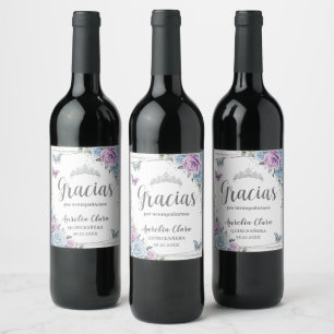 Quinceañera Baby Blue Lilac Floral Butterflies Wine Label