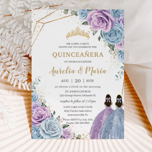 Quinceañera Baby Blue Lilac Purple Floral Twins  Invitation (beautiful baby blue lilac floral twins Quinceañera Sweet 16 birthday printed invitation cards )