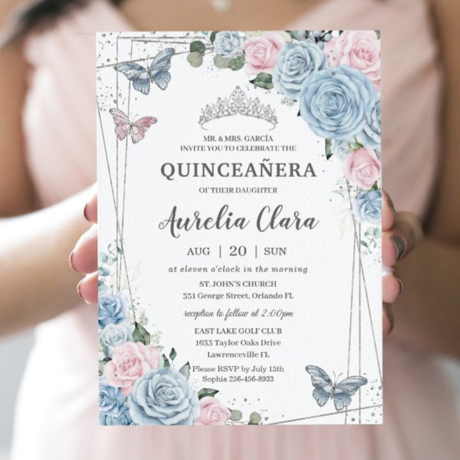 Quinceañera Baby Blue Pale Pink Floral Butterflies Invitation (Creator Uploaded)