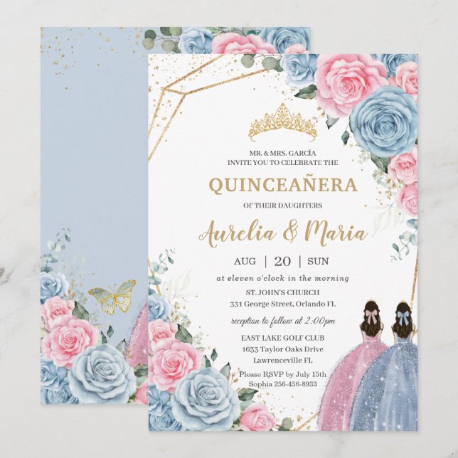 Quinceañera Baby Blue Pink Floral Roses Twins Invitation (Front/Back)