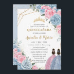 Quinceañera Baby Blue Pink Floral Roses Twins Invitation<br><div class="desc">Personalise this lovely quinceañera invitation with own wording easily and quickly,  simply press the customise it button to further re-arrange and format the style and placement of the text.  Matching items available in store!  (c) The Happy Cat Studio</div>