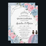 Quinceañera Baby Blue Pink Floral Twins Silver Invitation<br><div class="desc">Personalise this lovely quinceañera invitation with own wording easily and quickly,  simply press the customise it button to further re-arrange and format the style and placement of the text.  Matching items available in store!  (c) The Happy Cat Studio</div>