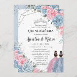 Quinceañera Baby Blue Pink Floral Twins Silver Invitation<br><div class="desc">Personalise this lovely quinceañera invitation with own wording easily and quickly,  simply press the customise it button to further re-arrange and format the style and placement of the text.  Matching items available in store!  (c) The Happy Cat Studio</div>