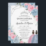 Quinceañera Baby Blue Pink Floral Twins Silver Invitation<br><div class="desc">Personalise this lovely quinceañera invitation with own wording easily and quickly,  simply press the customise it button to further re-arrange and format the style and placement of the text.  Matching items available in store!  (c) The Happy Cat Studio</div>