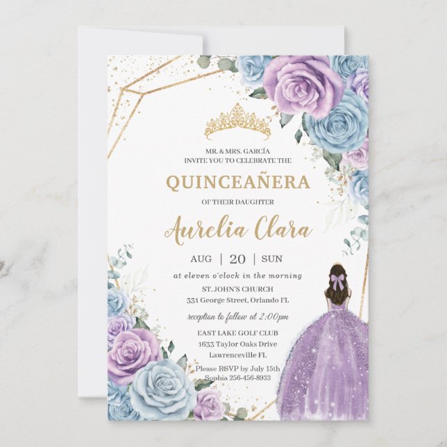 Quinceañera Baby Blue Purple Lilac Floral Gold  Invitation (Front)