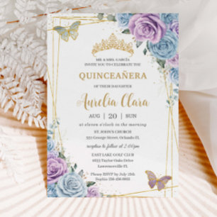 Quinceanera Baby Blue Purple Lilac Floral Gold Invitation