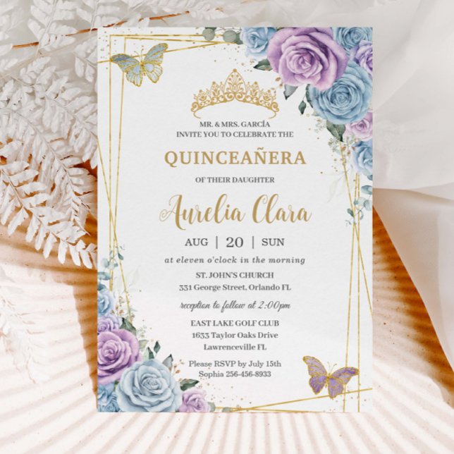 Quinceanera Baby Blue Purple Lilac Floral Gold Invitation (Creator Uploaded)