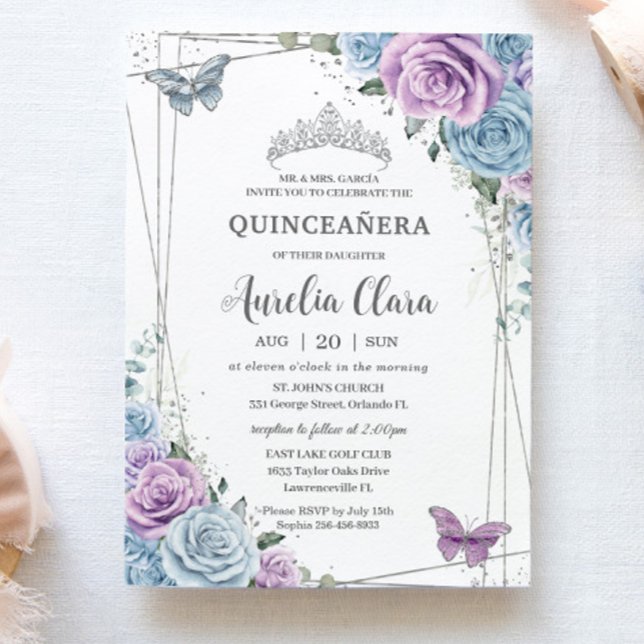 Quinceanera Baby Blue Purple Lilac Floral Silver Invitation (Creator Uploaded)