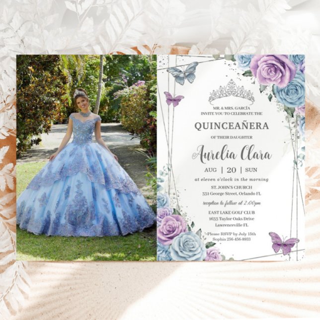Quinceanera Baby Blue Purple Lilac Floral Silver Invitation (Creator Uploaded)