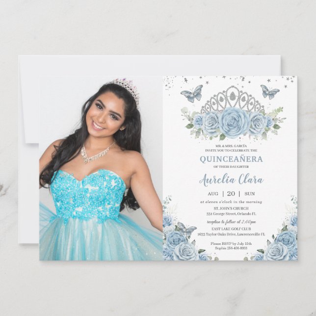 Quinceañera Baby Blue Roses Silver Crown Photo Invitation (Front)