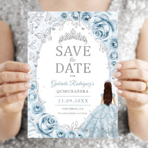 Quinceanera Baby Blue Silver Floral Save The Date
