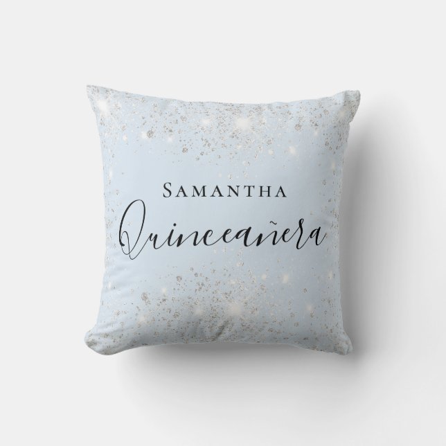 Quinceanera baby blue silver glitter dust name  cushion (Front)
