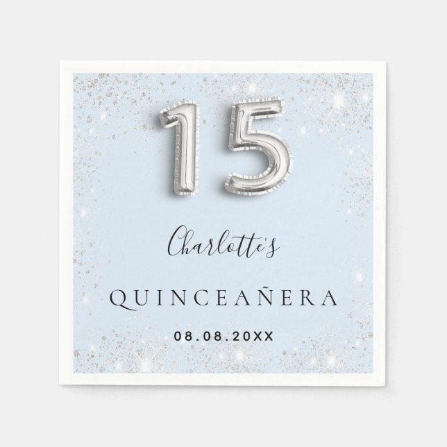 Quinceanera baby blue silver glitter dust napkin (Front)