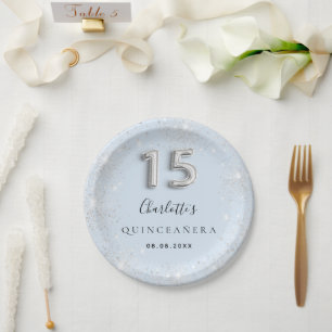Quinceanera baby blue silver glitter dust paper plate