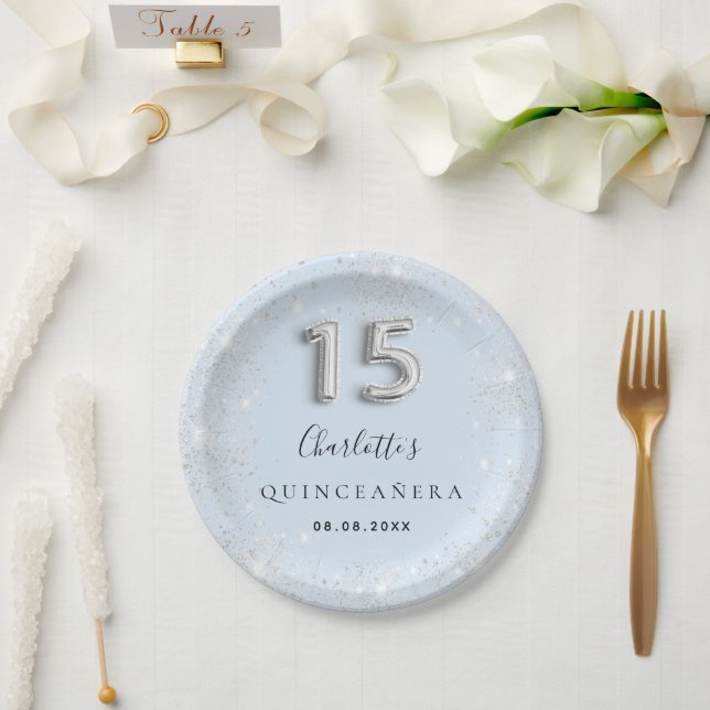 Quinceanera baby blue silver glitter dust paper plate (Wedding)