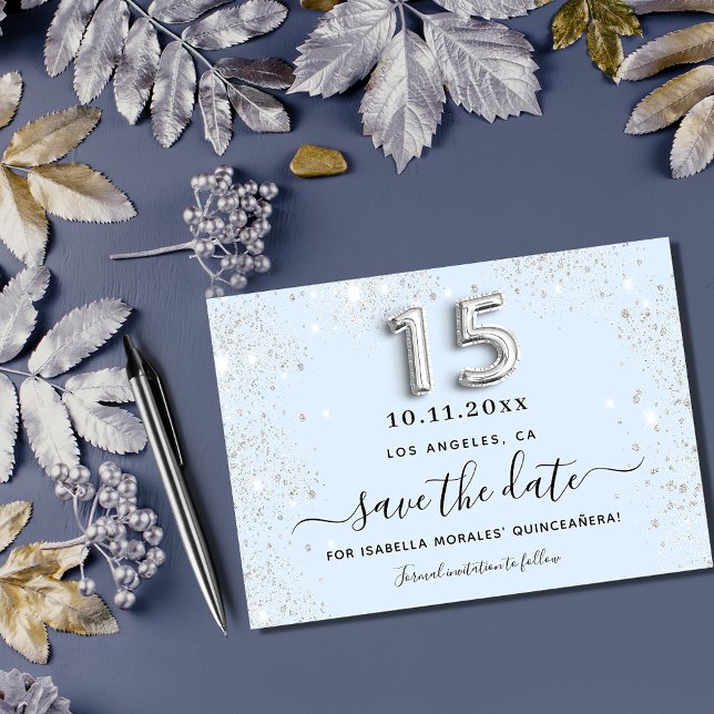 Quinceanera baby blue silver save the date card (Creator Uploaded)