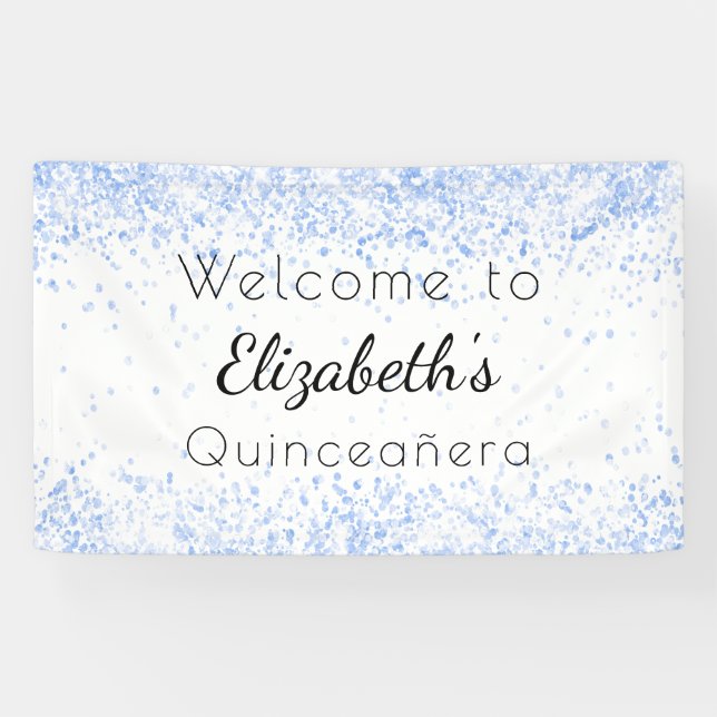 Quinceanera baby blue white glitter dust welcome banner (Horizontal)
