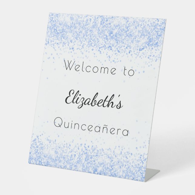 Quinceanera baby blue white glitter dust welcome pedestal sign (Front)