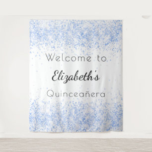 Quinceanera baby blue white glitter dust welcome tapestry