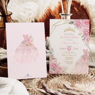 Quinceañera Baby Pink Floral Gold Crown Princess Invitation