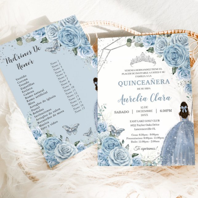 Quinceañera Baby Soft Blue Floral 15 Años Padrinos Invitation (baby blue roses floral silver Quinceañera Spanish xv 15 invitation card with Padrinos de Honor list )