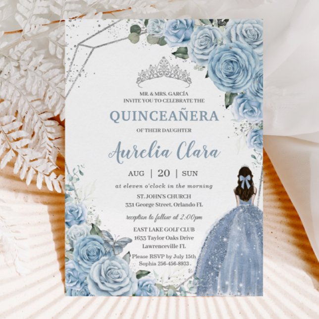 Quinceañera Baby Soft Blue Floral Princess 15 Años Invitation (Creator Uploaded)