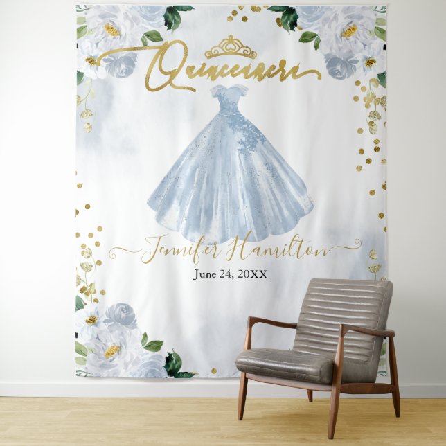 Quinceanera Backdrop Blue Floral Pink Dress Tapestry (In Situ)
