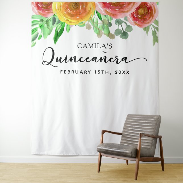 Quinceañera Backdrop - Floral Elegant Photo Booth Tapestry (In Situ)