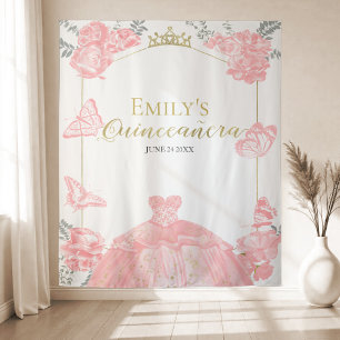 Quinceanera Backdrop Pink Dress Floral Gold Foil Tapestry