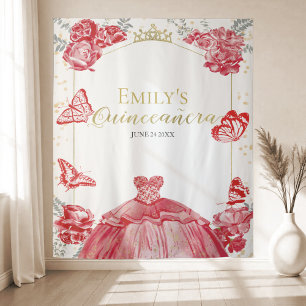 Quinceanera Backdrop Red Dress Floral Gold Foil Tapestry