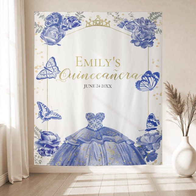 Quinceanera Backdrop Royal Blue Dress Floral Tapestry (Creator Uploaded)