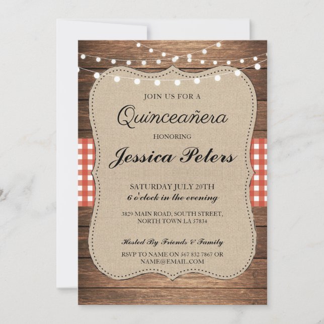Quinceanera BBQ Party Red Check Rustic Wood Invite (Front)