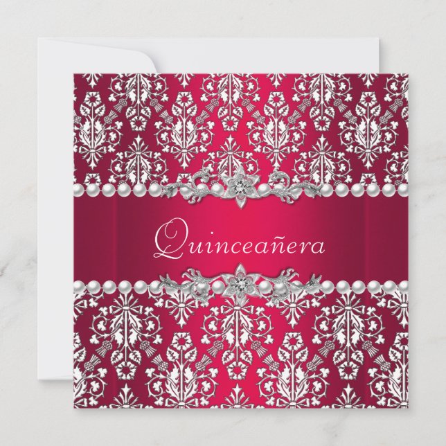 Quinceañera Birthday 15th Party Red White Silver Invitation (Front)
