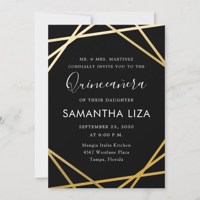 Quinceañera Birthday Black Gold Modern  Invitation (Front)
