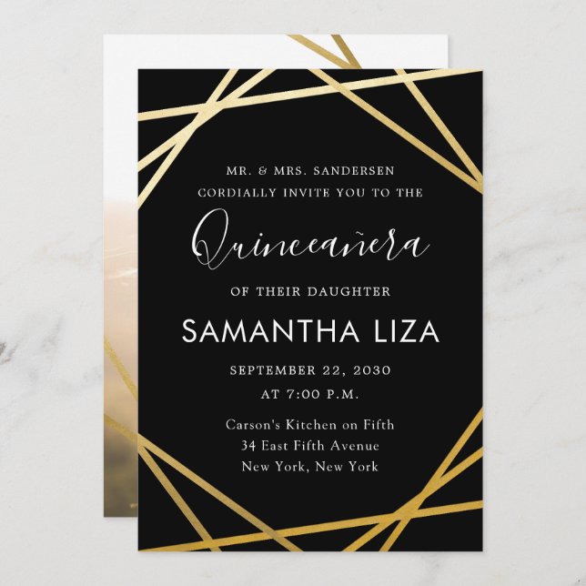 Quinceañera Birthday Black Gold Modern Photo Invitation (Front/Back)