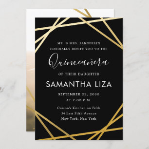 Quinceañera Birthday Black Gold Modern Photo Invitation