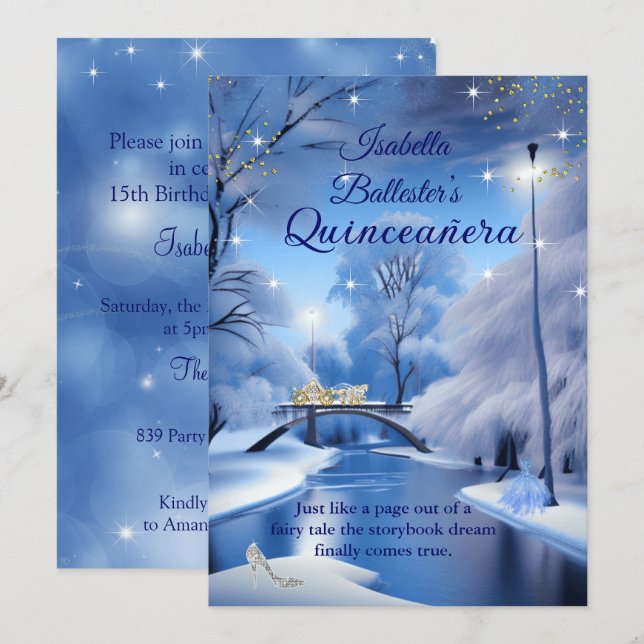 Quinceanera Birthday Blue Fairytale Carriage Dress Invitation (Front/Back)