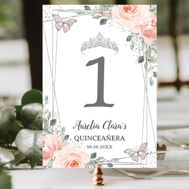Quinceañera Birthday Blush Pink Floral Butterflies Table Number (Creator Uploaded)