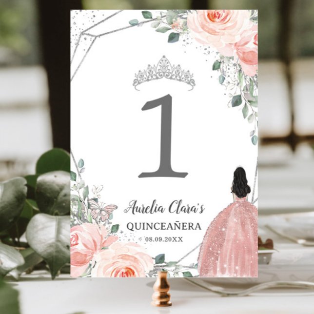 Quinceañera Birthday Blush Pink Floral Princess Table Number (Creator Uploaded)