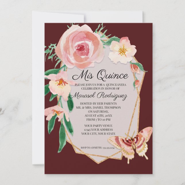 Quinceanera Birthday Burgundy Red Watercolor Roses Invitation (Front)
