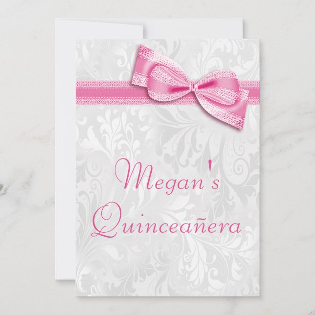 Quinceañera Birthday Damask and Pink Faux Bow Invitation (Front)