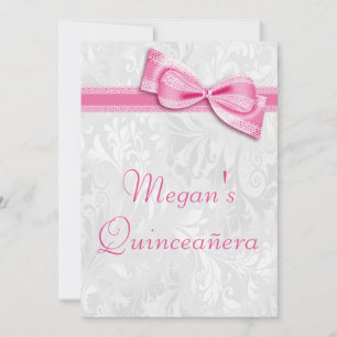 Quinceañera Birthday Damask and Pink Faux Bow Invitation