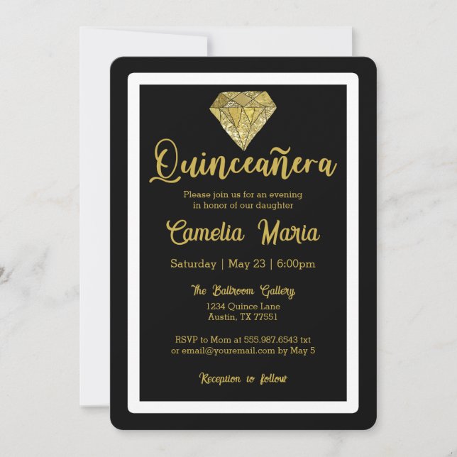 Quinceañera Birthday Diamond Glam Black Gold Invitation (Front)