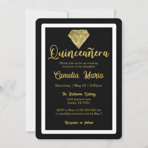 Quinceañera Birthday Diamond Glam Black Gold Invitation